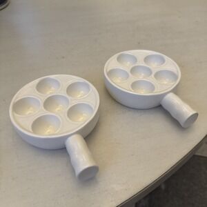 Set Of 2 - White Porcelain 6 Hole Escargot Snail Dish with Handle 6" X 4 3/8